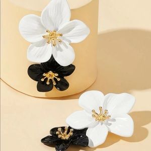 Black and White Coated Metal Floral Earrings